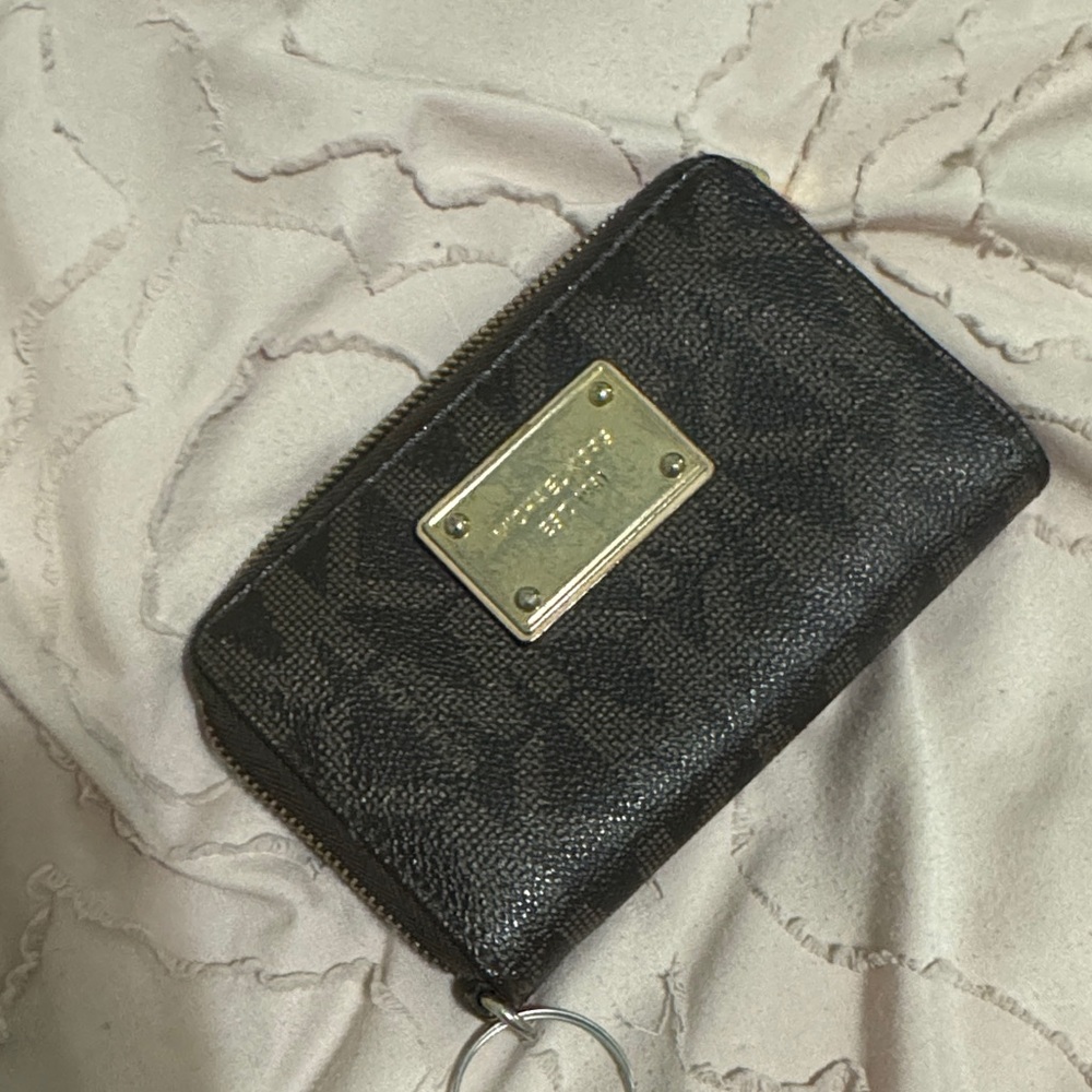 Michael Kors Black Coated Canvas Zip Key Wallet with Gold Plate